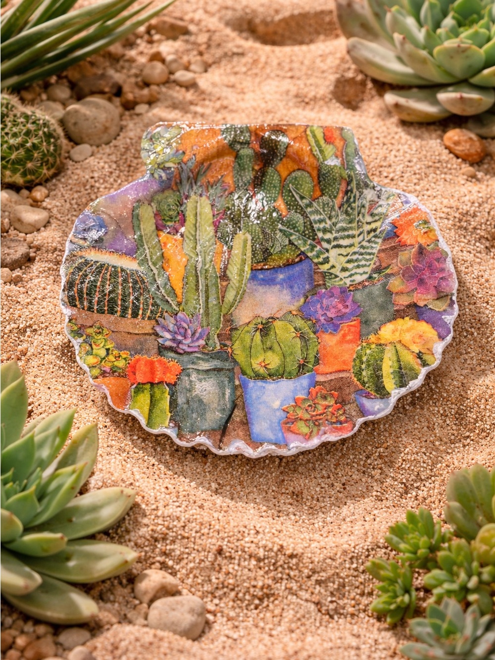 Decorative Succulent & Cactus Shell Plate Jewelry Holder- Colorful Floral Art